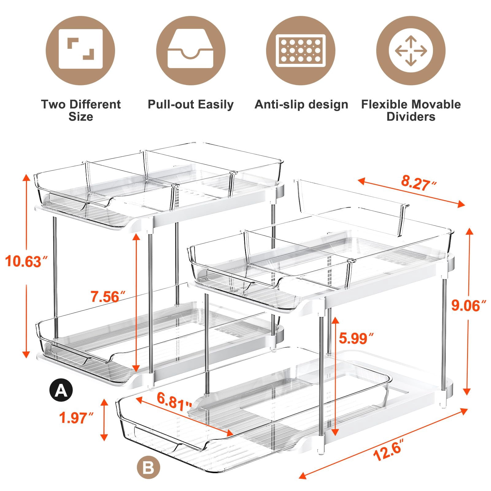 2-tier Multi-purpose Bathroom Under Sink Organizers And Storage  Stackable Kitchen Pantry Organization Pull Out Cabinet Organizer With Movable Dividers White 2 Pack