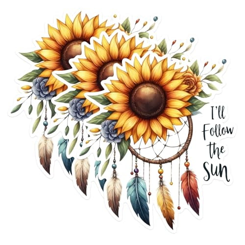 (3 Pack) Sunflower Dreamcatcher Decals - Boho Decor - Laptop Decals - 3 Inches On Longest Side - Easy Peel & Apply - Made in USA - 3MCS1431