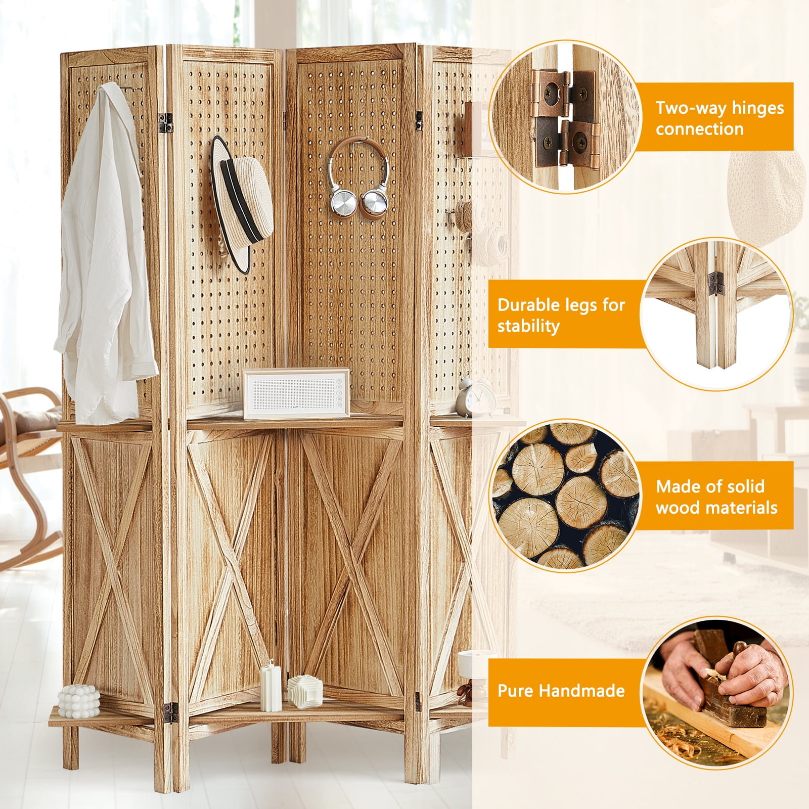 Aletheiawu 4 Panel Pegboard Display with 16 Hooks, Wood Folding Room Divider, No Installation Required, Brown