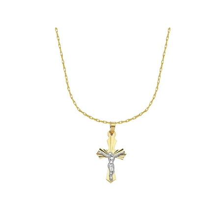 14k Two-tone White and Yellow Gold Small Crucifix Cross 18-inch Chain Necklace