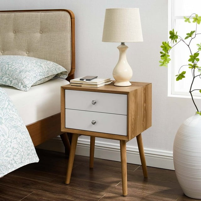 Modway Table de Nuit en Bois de Braise avec Ports USB, Blanc Naturel