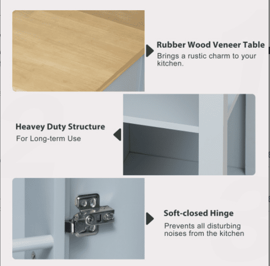 Euroco 47 inch Kitchen Island with Extendable Dining Table, Rubber Wood Veneer Kitchen Table with Internal Storage Rack