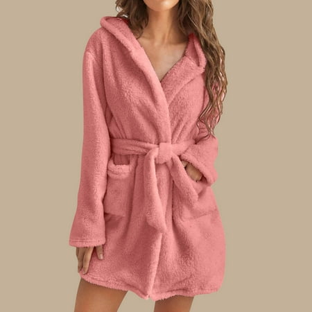 

Women s Long Sleeve Robe with Hood Lace Up Fuzzy Bathrobe Solid Color Keep Warm Short Pajamas Homewear