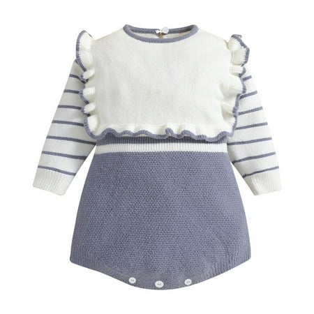 

kpmatpey Newborn Baby Girls Sweater Rompers Long Sleeve Crew Neck Striped Ruffle Patchwork Infant Dressy Short Jumpsuit