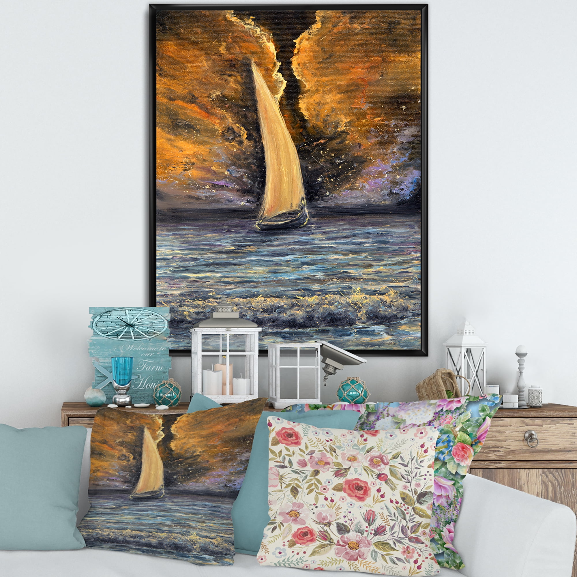 Designart 'Sailship On The Ocean At Morning' Nautical & Coastal Framed Canvas Wall Art Print
