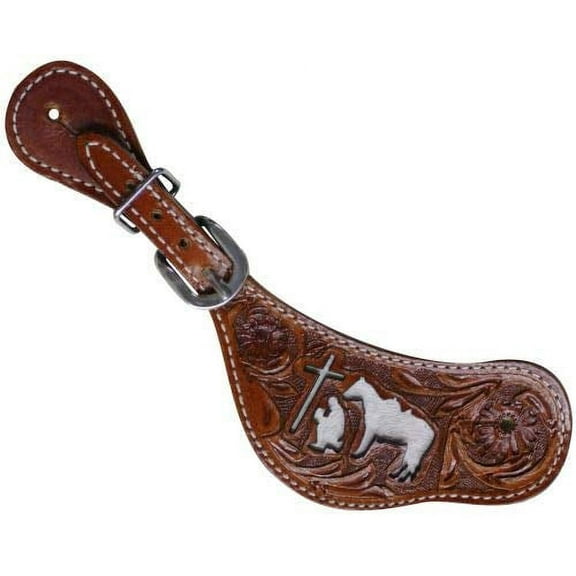 Showman Ladies Tooled Leather Spur Straps w/ Cut Out Praying Cowboy & Cowhide