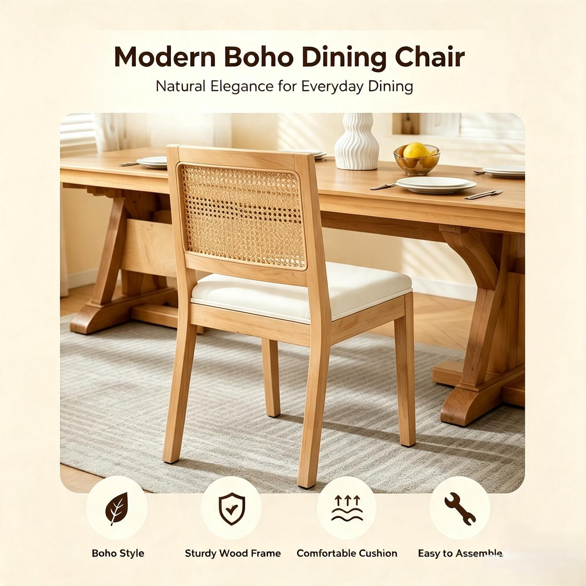 HOQBN Set of 2 Farmhouse Dining Chairs, Linen Upholstered Kitchen Chairs with Rattan Cane Inset Square Backrest for Kitchen Dining Home Office Commercial Use Beige