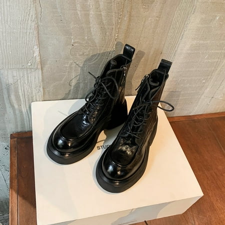 

HHH Grape Mom Studiolee Same Style Fashionable Increased round Head Chunky Heel Thick Bottom Lace-up Side Zip Martin Booties Women