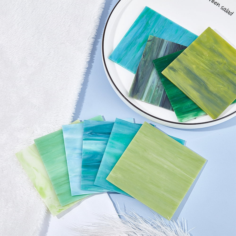 10pcs 10 Colors Stained Glass Sheets 3.9 x 3.9 Inch Square Large Cathedral Mosaic Glass Tiles Green Blue Variety Mosaic TilesDIY
