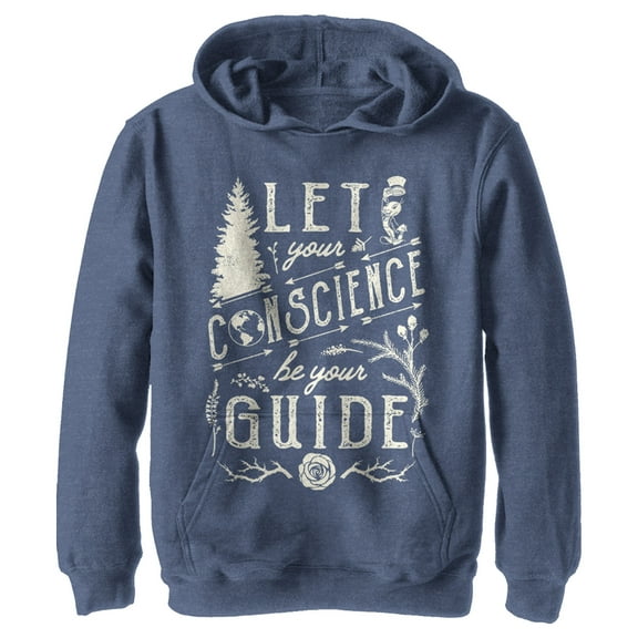 Boy's Pinocchio Let Your Conscience Be Your Guide Pull Over Hoodie Navy Blue Heather Small