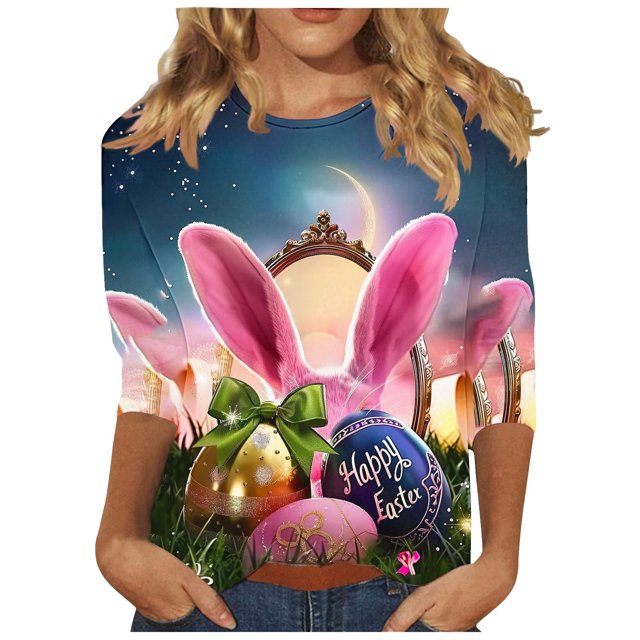 lcziwo Chemises de Pâques pour Femmes Printemps Manches 3/4 Col Rond Motif Ufs Tee Blouses Mignon Lapin Graphique Tunique de Vacances, Multicolore, m