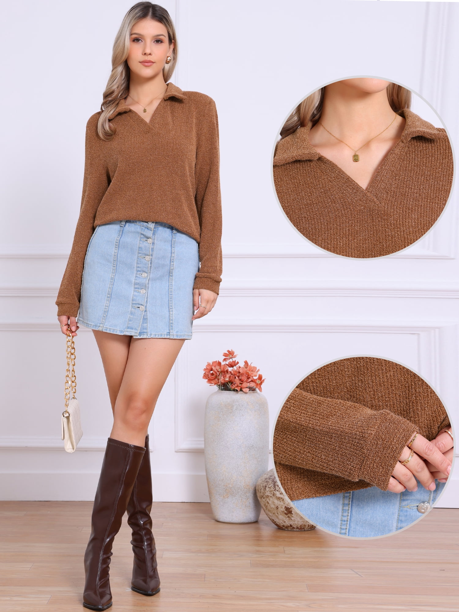 DARING DIVA Women's Winter Sweater Polo Collar Shirts Tops M Brick Red