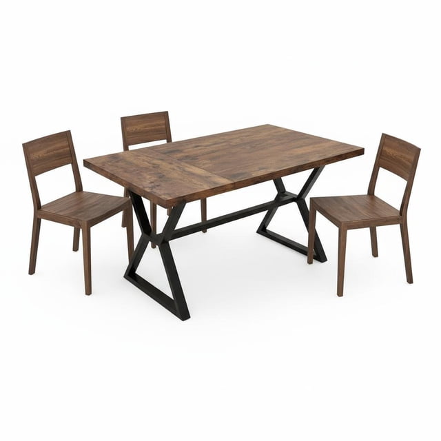 Industrial Farmhouse Dining Table for 6-8 – Distressed Rustic Wood Top – Black Metal Geometric Legs – Space-Saving Rectangular Table for Kitchen or Dining Room – Black Iron + Vintage Color