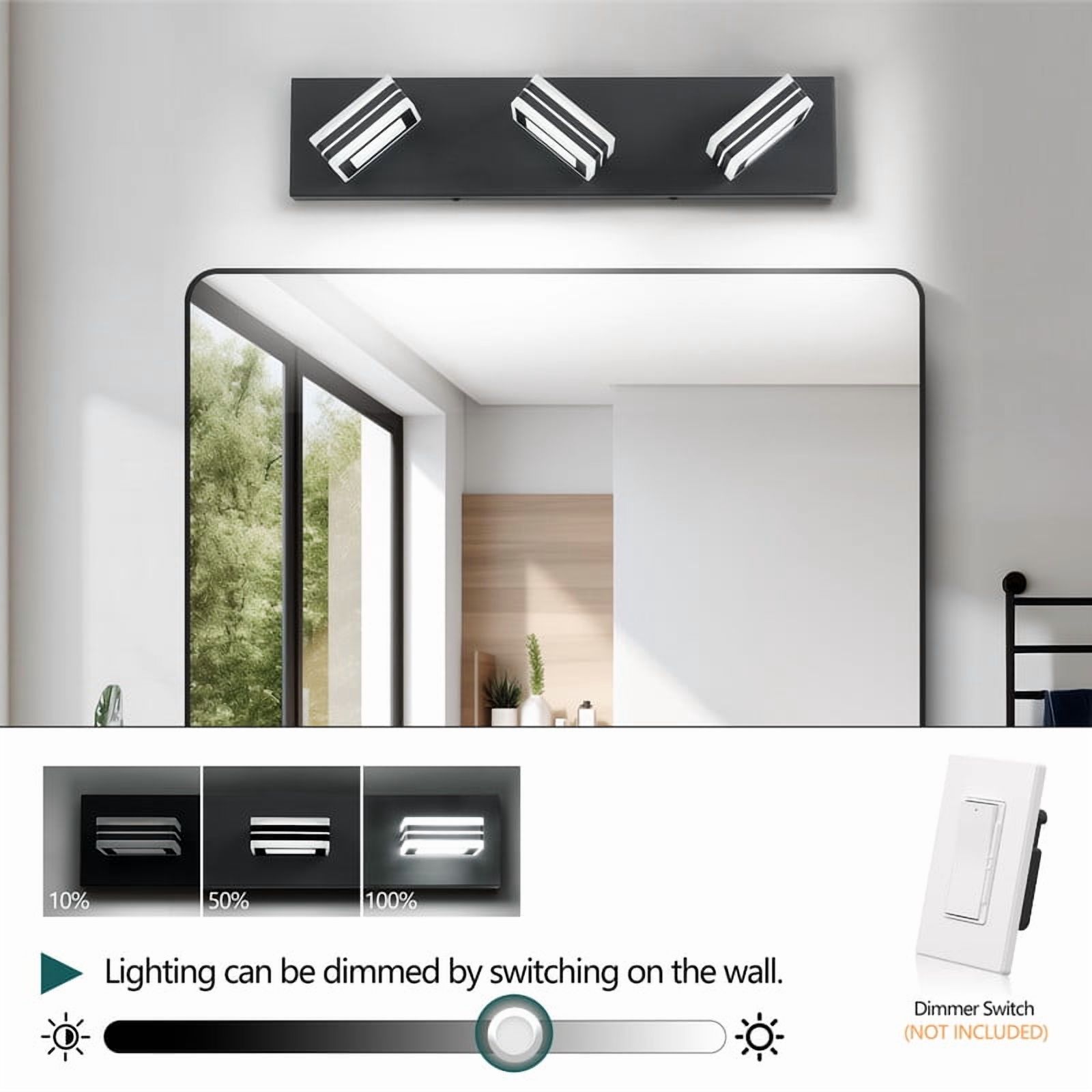 Matte Black Vanity Light Fixture - 3-Light Up/Down LED Bathroom Wall Sconce, Dimmable Modern Vanity Lighting for Mirror, Hardwired with Acrylic Shades