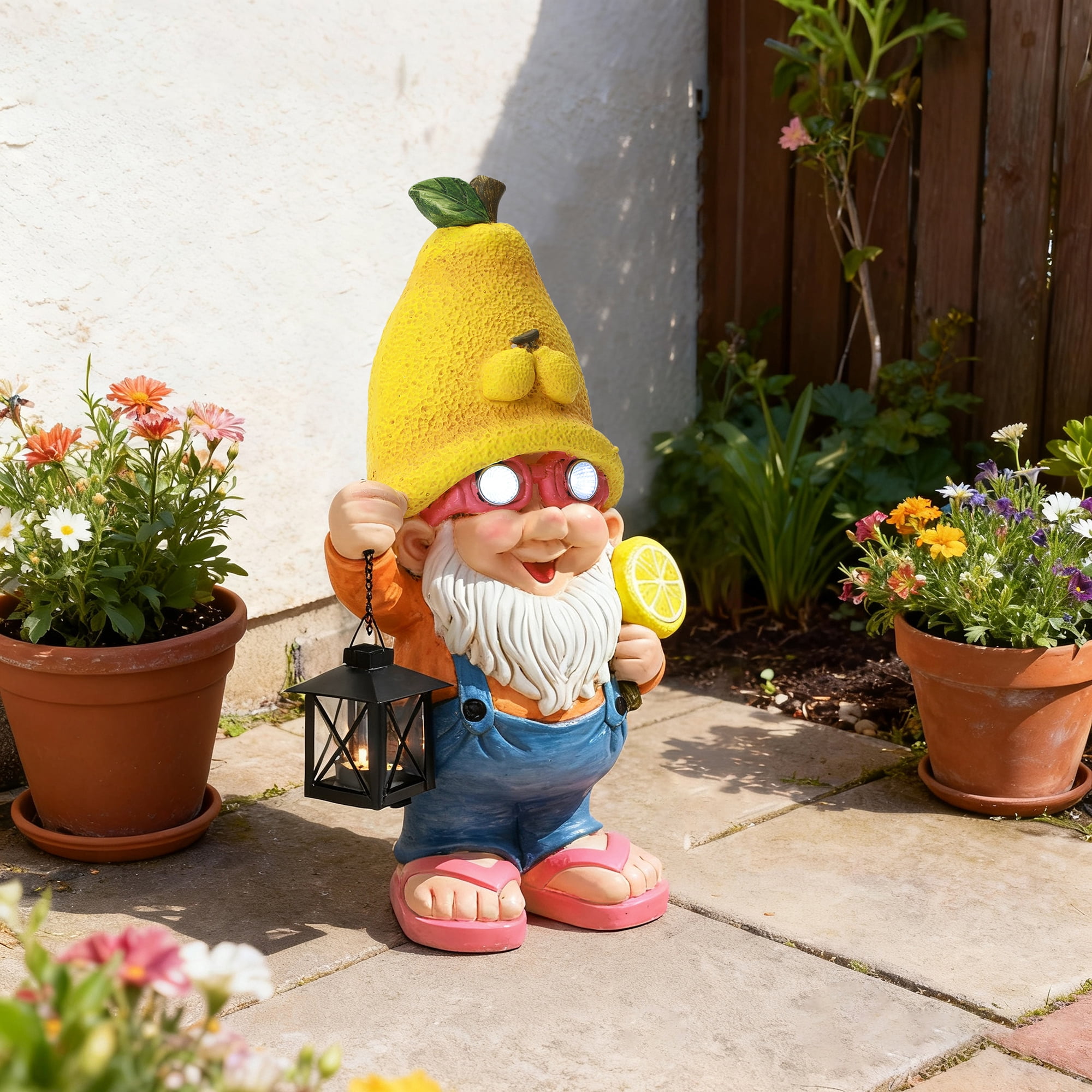 LuxenHome 18" Solar Powered Garden Gnome Outdoor Statue with Lantern, Lemon Hat Gnome Sculpture for, Lawn, Garden