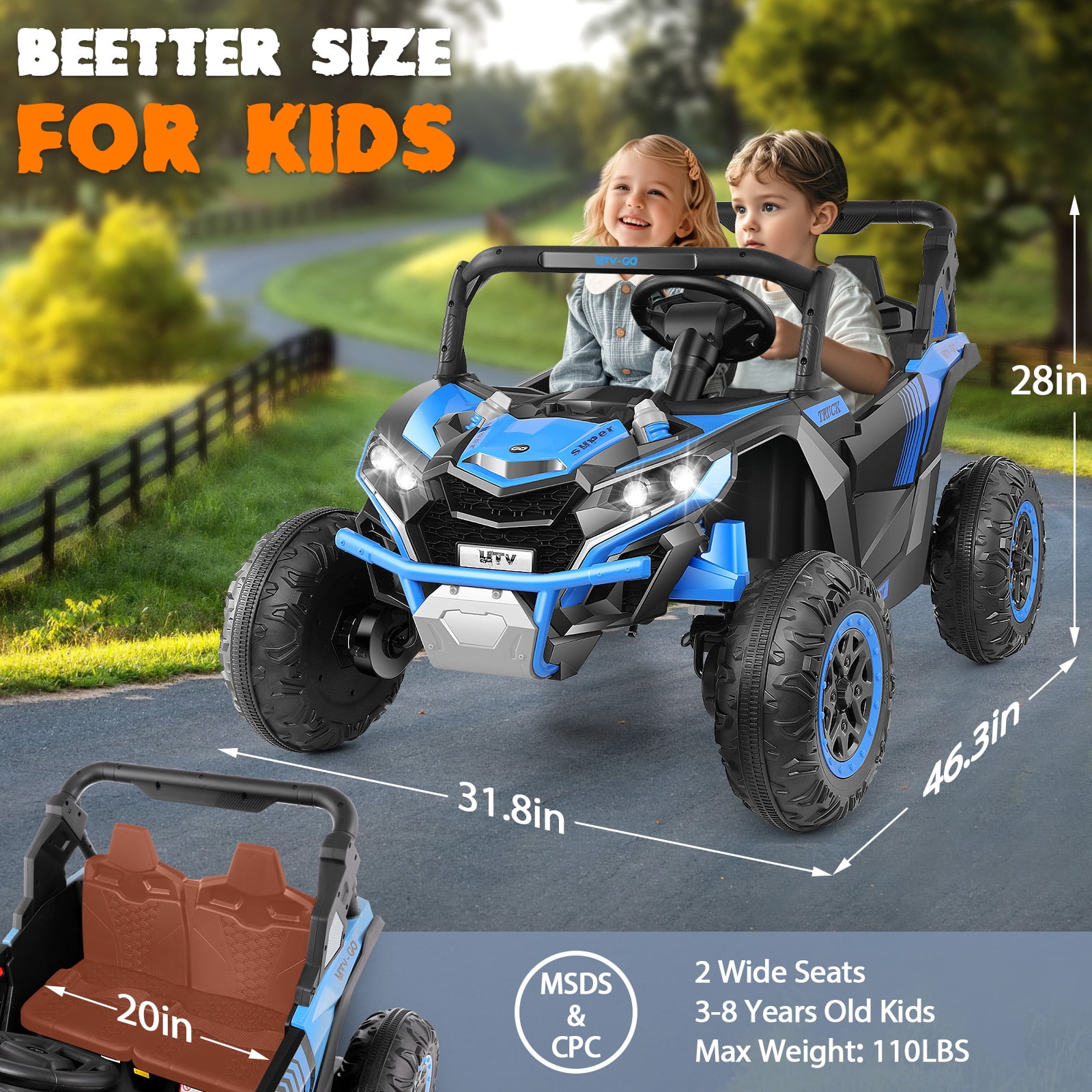 Funcid 24V Ride on Car for Kids, 2WD/4WD Switchable Ride on Car with Remote Control, 2 Seater Ride on Toys, UTV, Bluetooth, Music, LED Lights, Storage Space