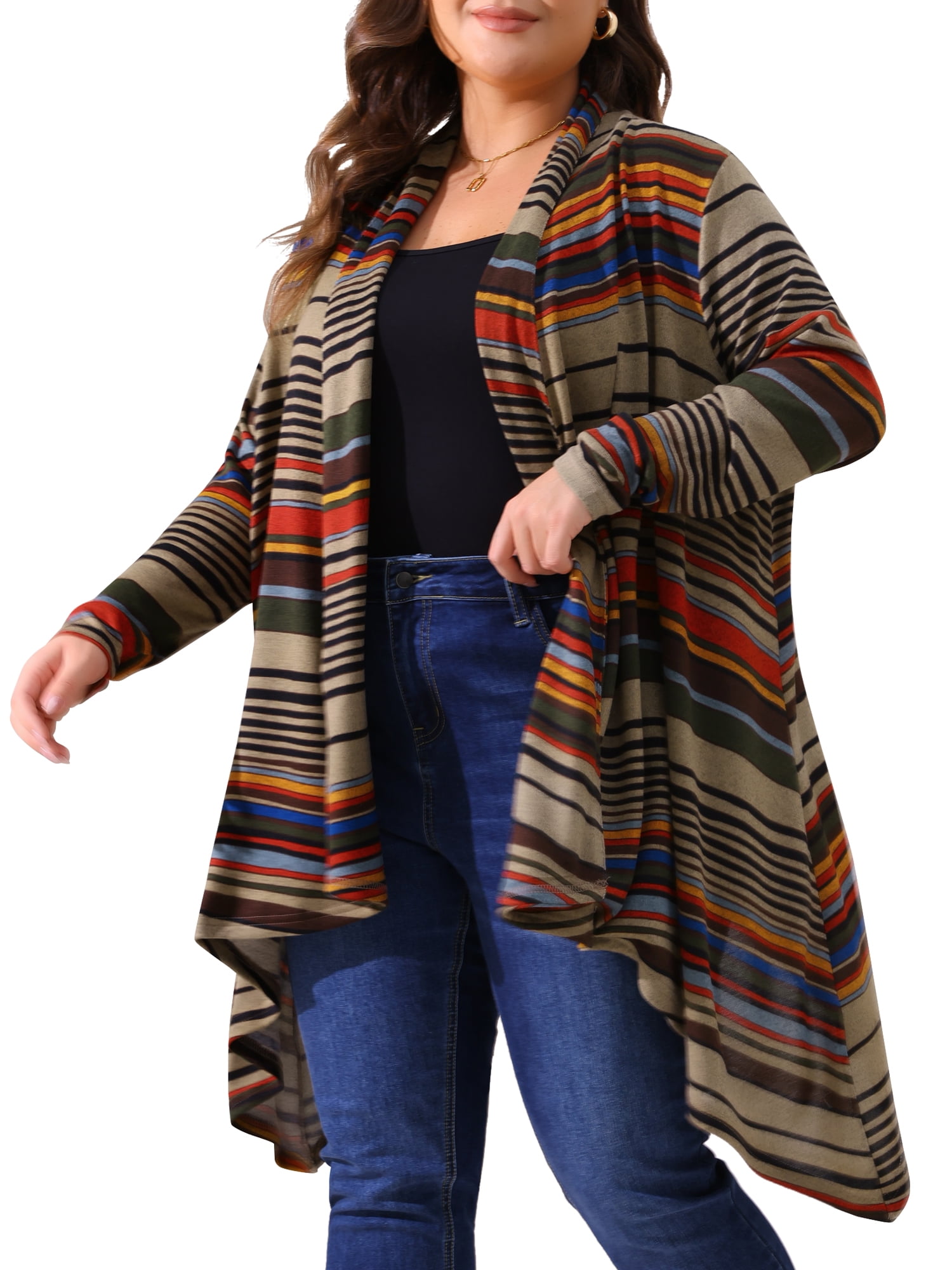 DARING DIVA Plus Size Long Sleeve Open Front Knit Stripe Cardigan 3X Beige