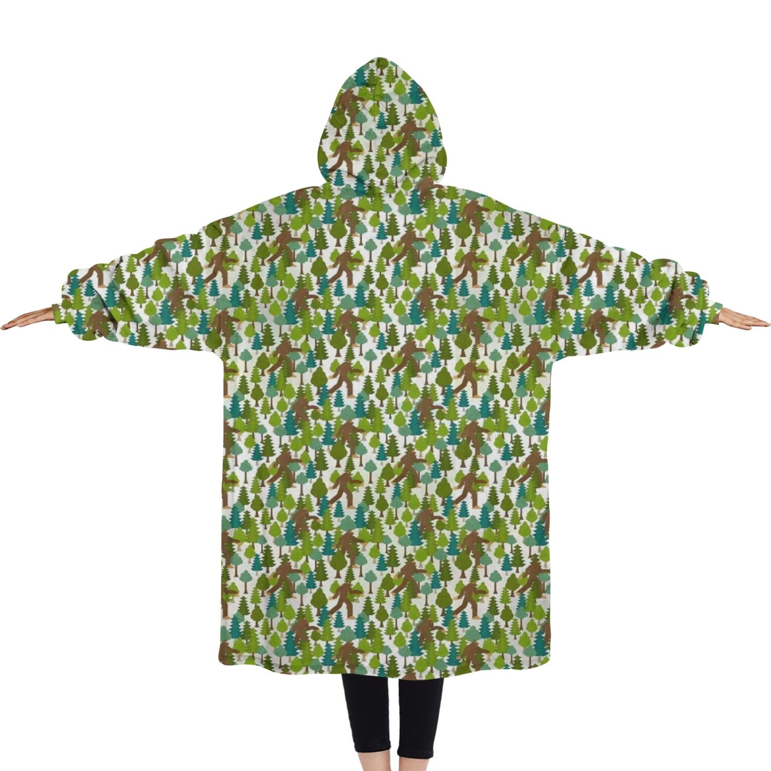 Oversized Wearable Blanket Hoodie,Green Bigfoot and Tree Pattern Sherpa Blanket Hoodie with Super Pockets,Super Warm Fuzzy Pullover for Women & Men
