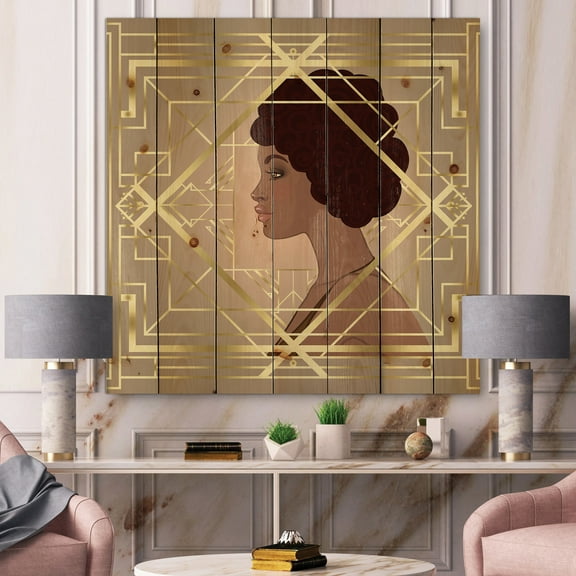 Designart 'Retro Girl In Golden Art Deco Geometrics II' Modern Print on Natural Pine Wood