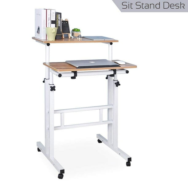 Qwork Wheel Mobile Stand up Computer Desk Height Adjustable Cart