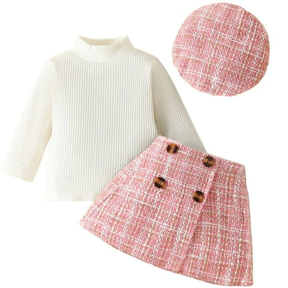 LAPAKIDS Baby Girls Clothes 2-3T Infant Girl Fall Winter Warm Outfits Long Sleeve Tops Plaid Skirt Hat 3Pcs Set