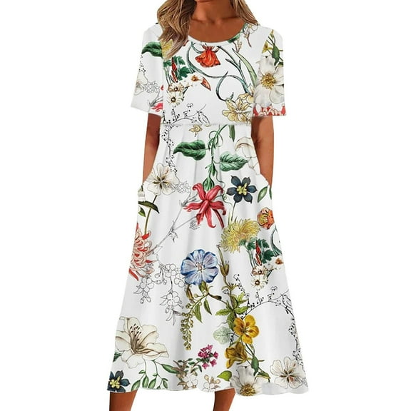 Women Casual Loose Bohemian Floral Dress with Pockets Short Sleeve Long Maxi Summer Beach Swing Dresses Multicolor L