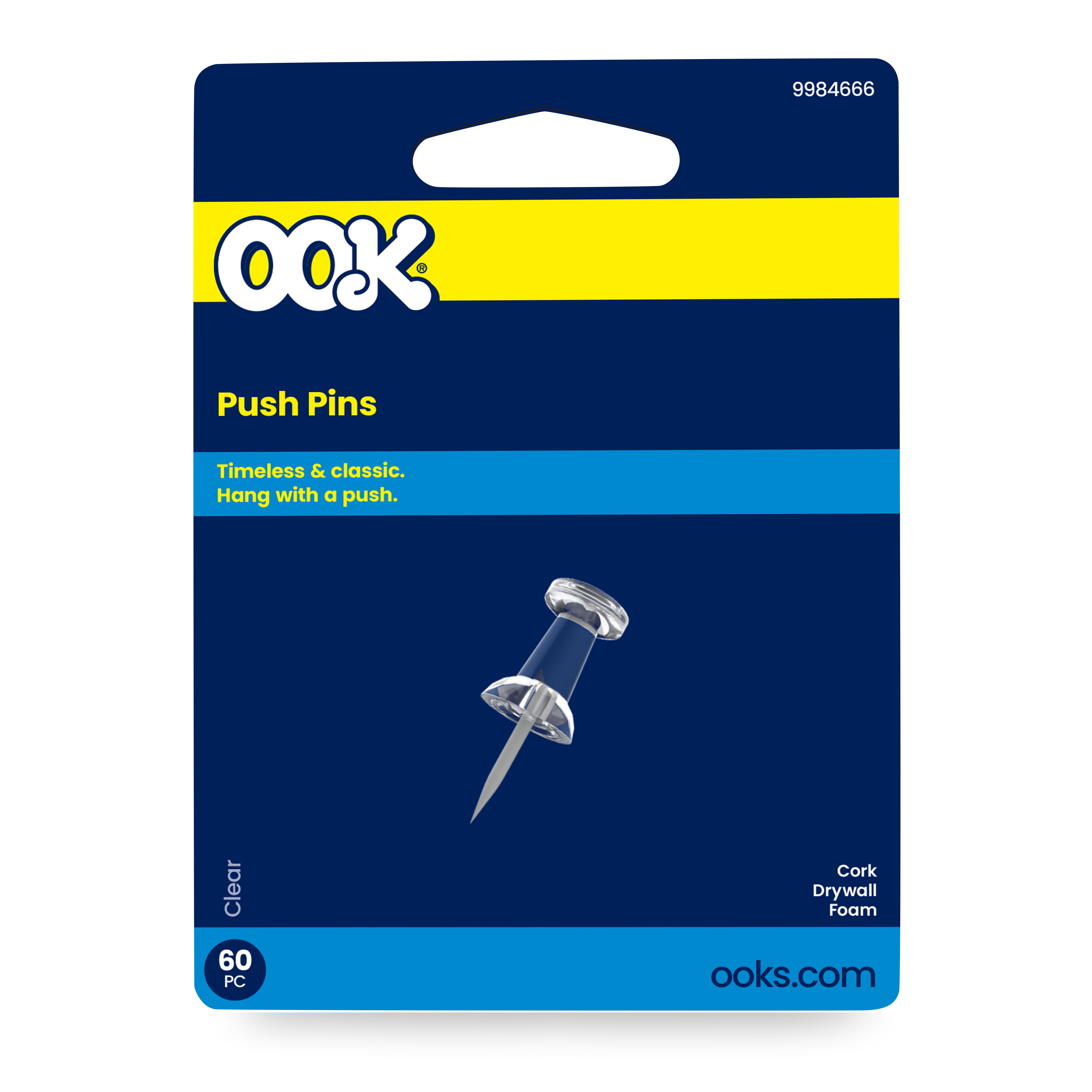 Ook Push Pins, Steel and Plastic, Clear, Interior Multi-Material, 60 pack