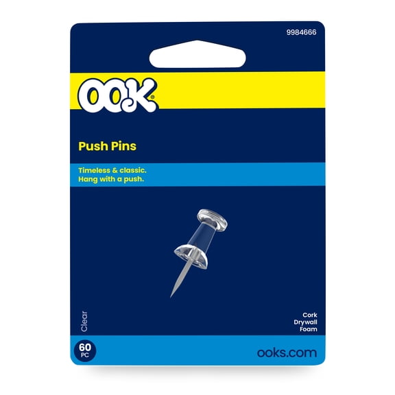 Ook Push Pins, Steel and Plastic, Clear, Interior Multi-Material, 60 pack
