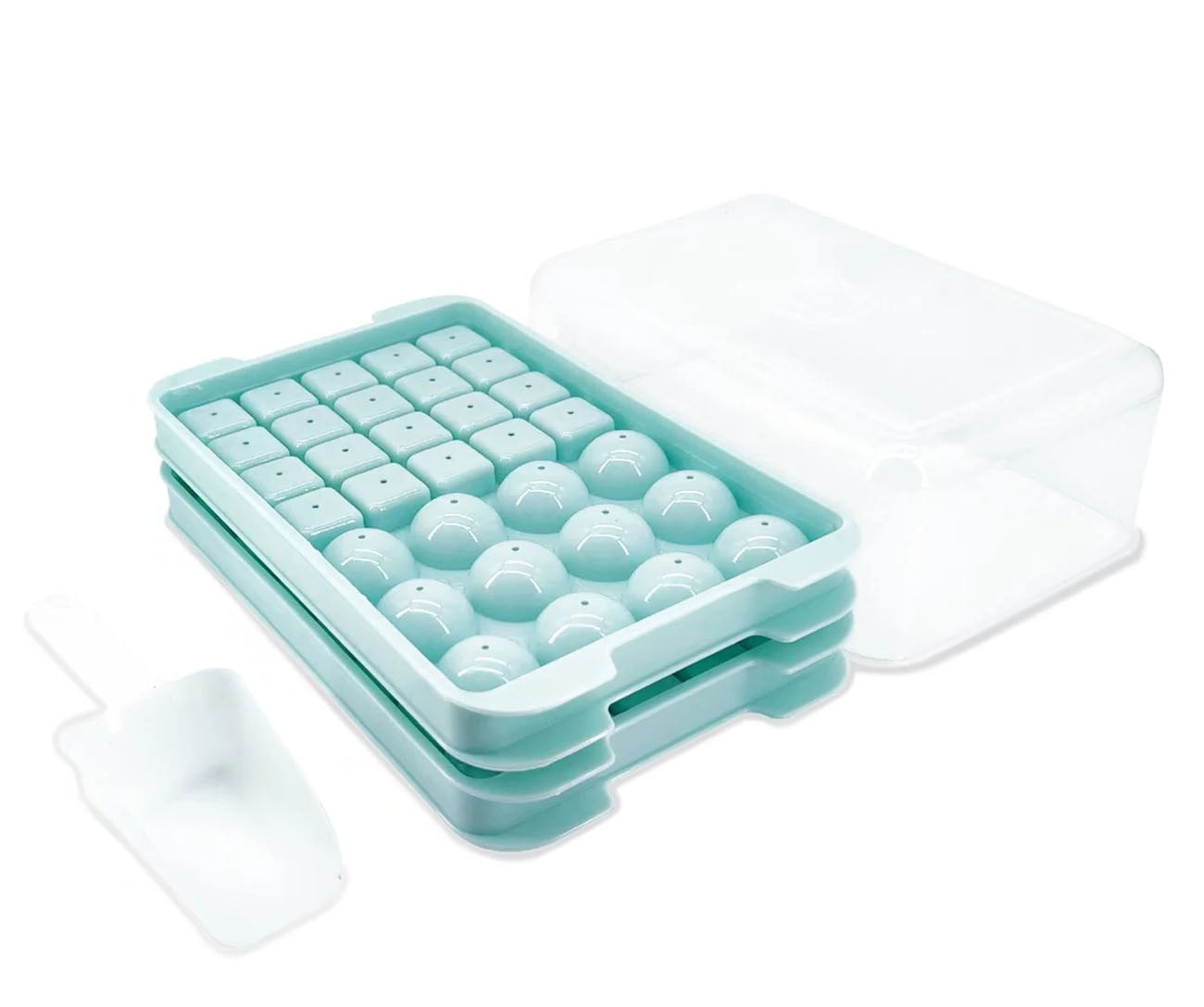 Ice Cube tray for freezer lid plastic ice tray 70 balls ball ice 2 trays 1 ice bucket 1 scoop