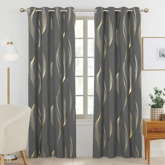 ZOPZO Thermal Blackout Curtains 2 Panels, Dark Gray, 52W x 95L Inch, Golden Wave Pattern Room Darkening Drapes for Apartment or Bedroom