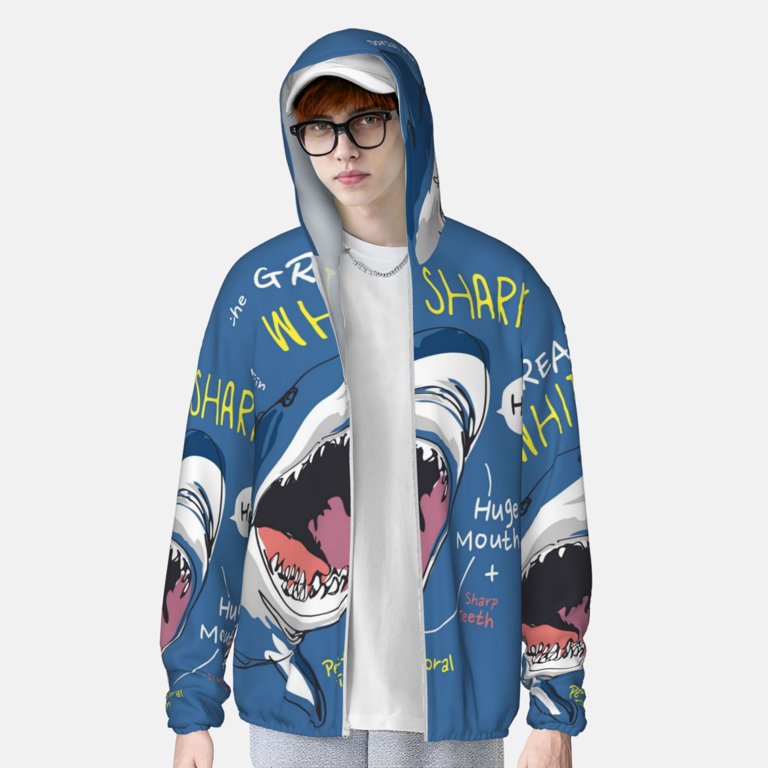 Vsdgher Great White Shark Print Adult Hoodie Shirts Rash Guard for