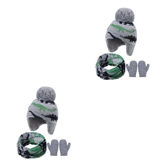 Minnieouse Sombrero Bufanda Manoplas Kit con patrones de dinosaurios Guantes de punto para niños Piezas de invierno de dibujos animados Agua tibia azul L agua Azul L 4-5 ans 2piezas Minnieouse CBP273822