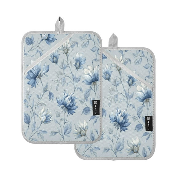 2Pack Heat-Resistant Quilted Cotton Potholders - Stylish Kitchen Grips for Hot Pots & Pans Ovens Exquisite Blue Peony Design