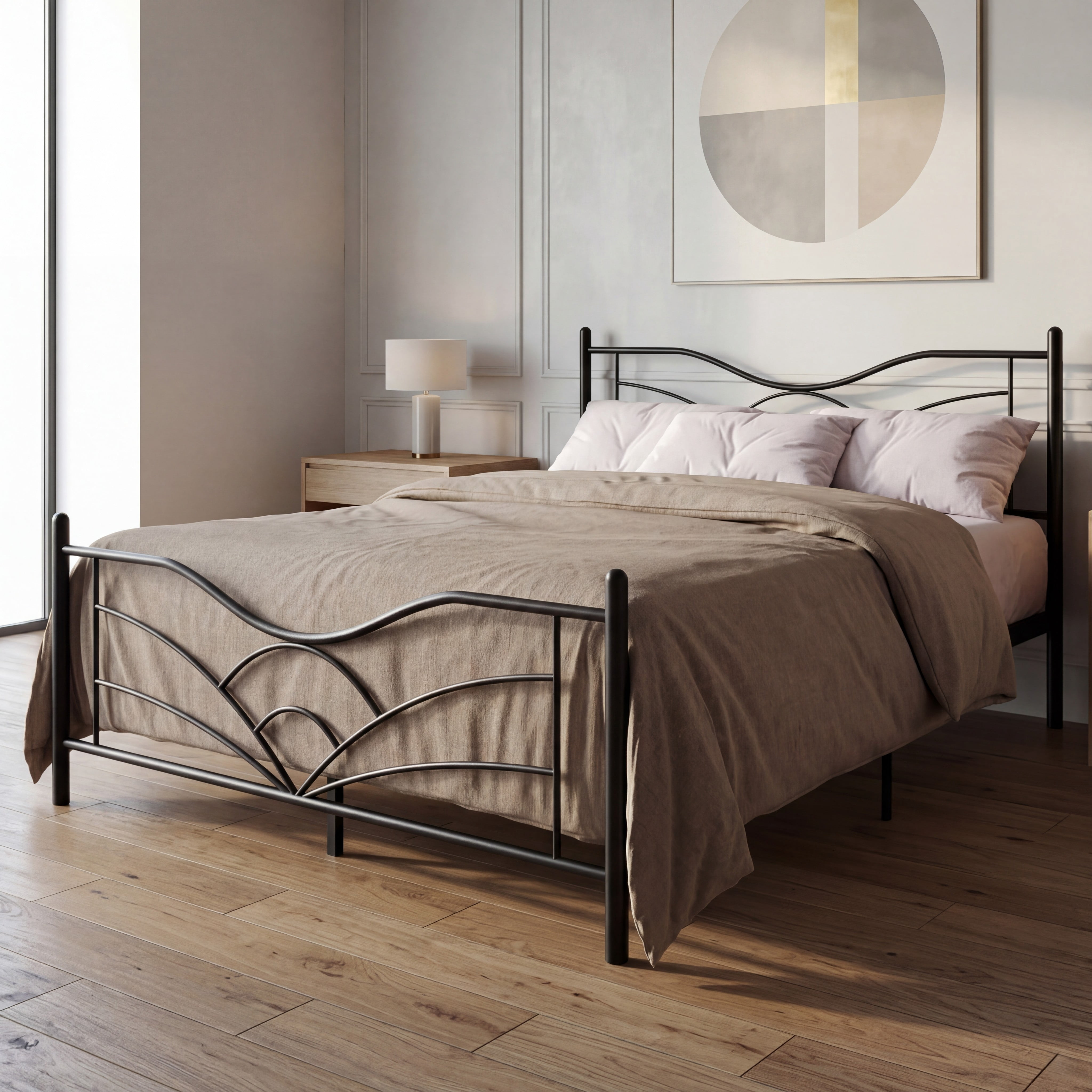 Home Design Enfield Classic King Metal Platform Bed, Curved Headboard and Footboard, No Box Spring Needed, Black