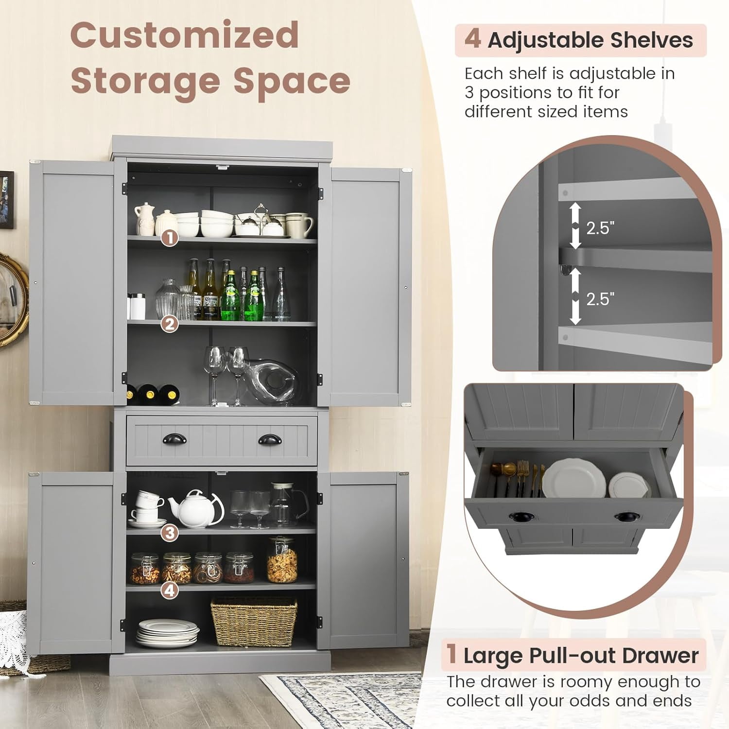 Traditional Kitchen Pantry Cabinet, Kitchen Cupboard with Double-Doors, Large Drawer and Adjustable Shelves for Dining Room, Bathroom