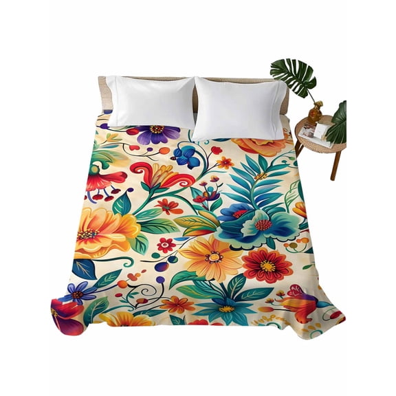 King Flat Sheet 105"x98", Vintage Botanical Soft Lightweight Bedding Flat Sheets Only, Spring Floral Summer Vintage Brushed Microfiber Top Bed Sheet, Breathable StainResistant Bedsheets
