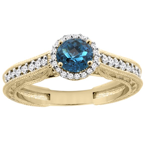 14K Yellow Gold Natural London Blue Topaz Round 5mm Engraved Engagement Ring Diamond Accents, size 7.5