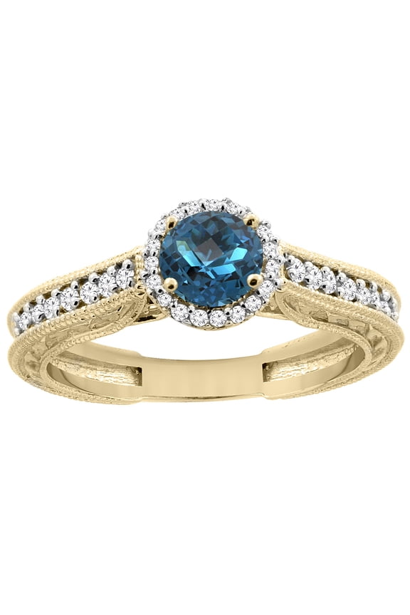 14K Yellow Gold Natural London Blue Topaz Round 5mm Engraved Engagement Ring Diamond Accents, size 6