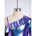 thumbnail image 4 of inlzdz Kids Girls Shiny Metallic Unitard Ruffle One Shoulder Full Body Jumpsuit Performance Dancewear Blue 10, 4 of 7