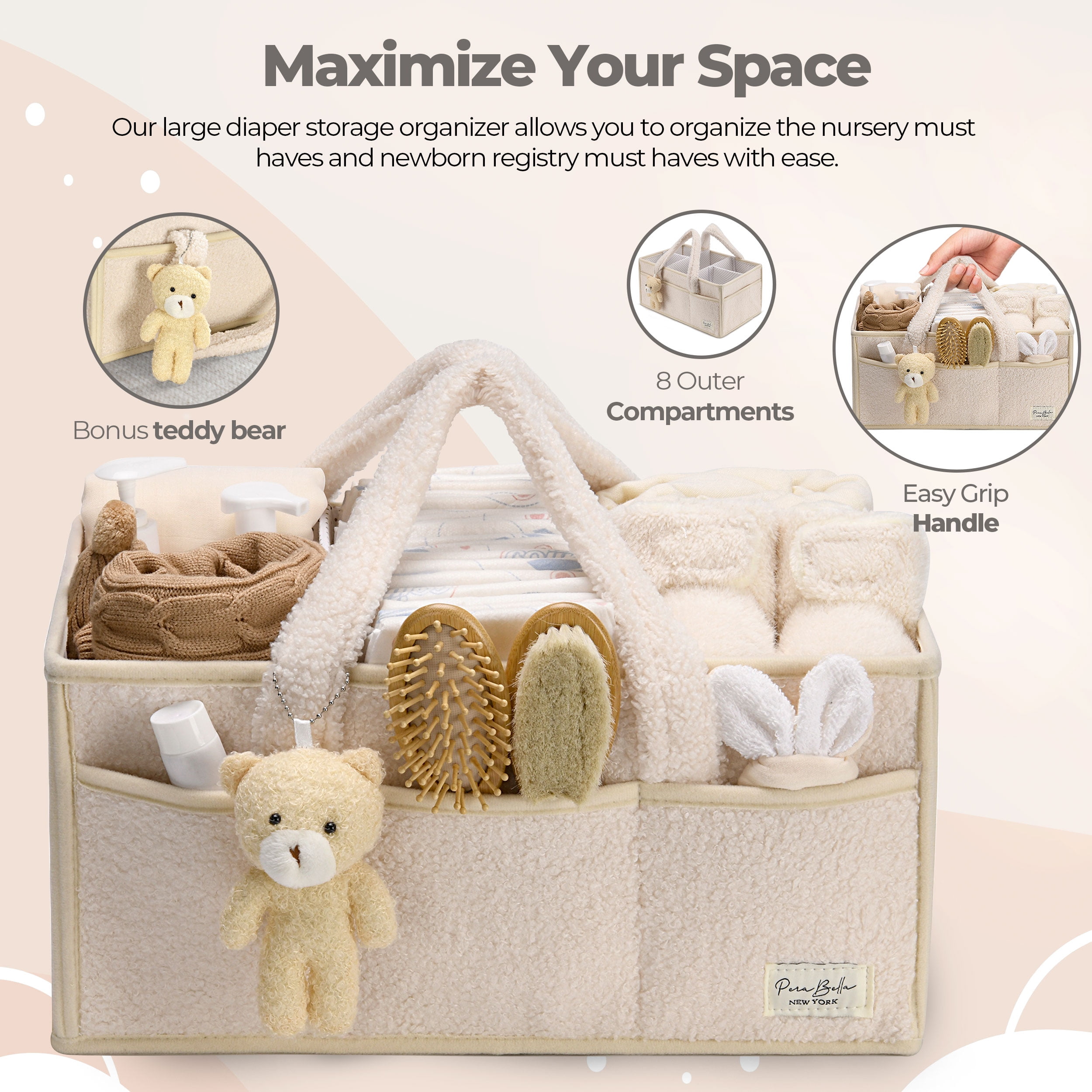 Plush Sherpa Baby Diaper Caddy Organizer, Portable Nursery Storage Basket with Teddy Bear Charm, Multi‑Compartment Changing Table Organizer for Newborn Essentials, Unisex Baby Shower Gift