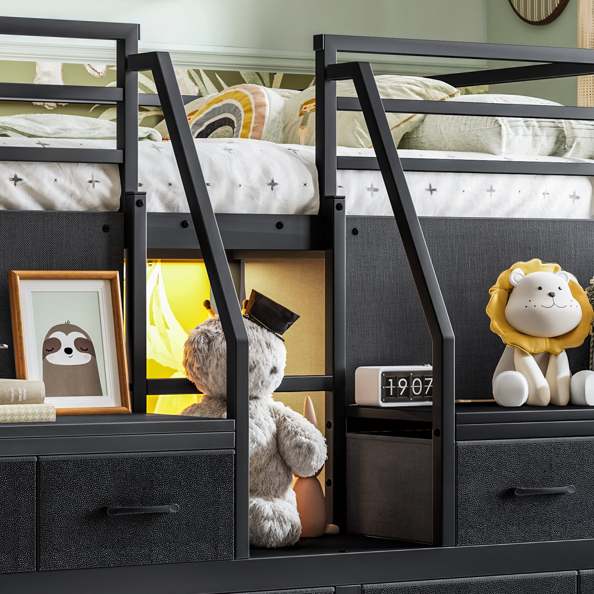 Leumius Full Size Loft Bed with Multi-storage Spaces,Metal Low Loft Bed with Storage Drawers, Shelves,LED Lights and Independent Spaces Under Bed,No Box Spring Needed,Black