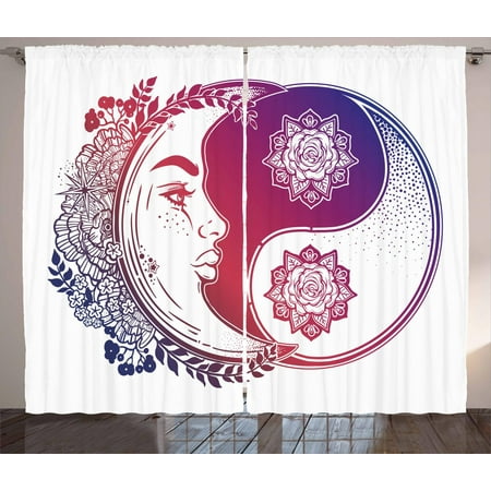 Yin Yang Curtains 2 Panels Set Ornate Crescent Moon Asian