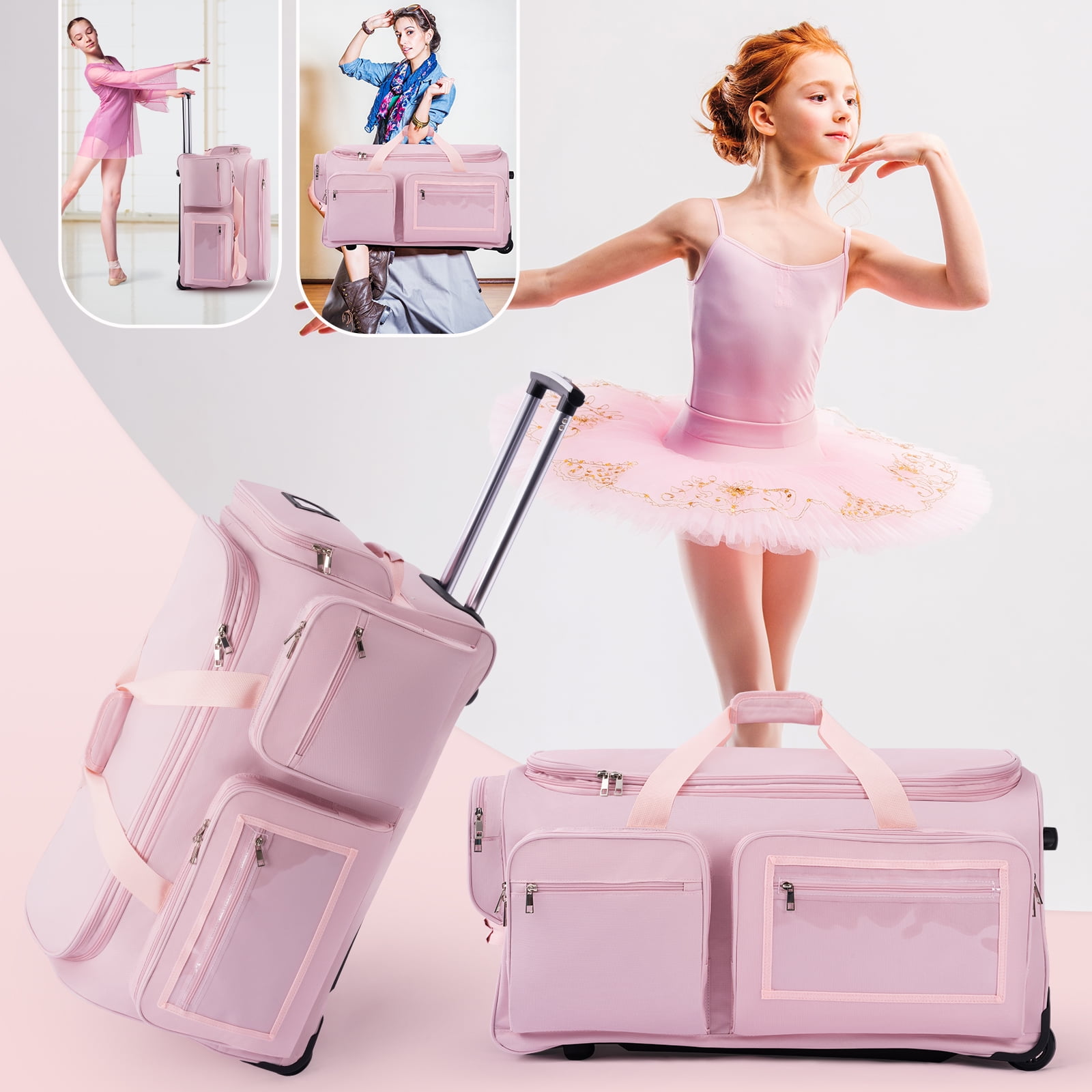 Dance Bag with Garment Rack,28" Pink Clothes Rolling Duffel Dance Bag with Rack Dance Costumes Garment Bags For Travel, Garment Duffle Bag For Dance Competition Travel Bag with Garment Rack