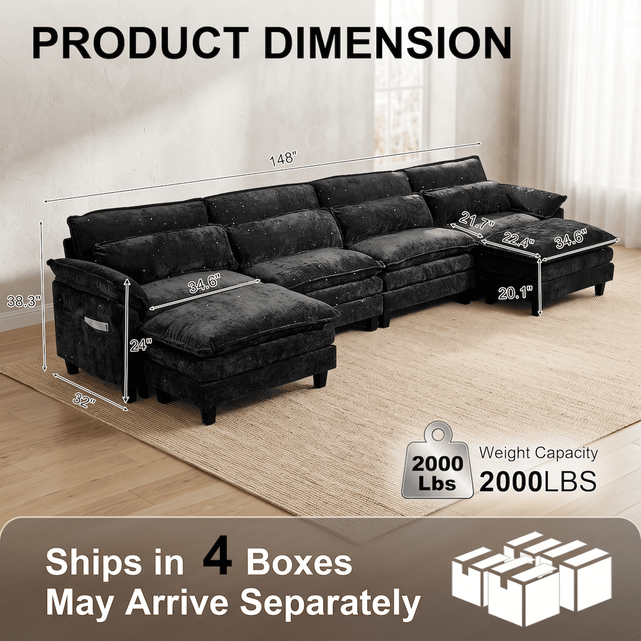 148" Convertible Cloud Sectional Sofa, Modern Chenille L Shaped Couch with Reversible Chaise, Deep Seat 6 Seat Sectional Sofa with Pillows, Comfy Upholstered Couch for Living Room Apartment (Black)
