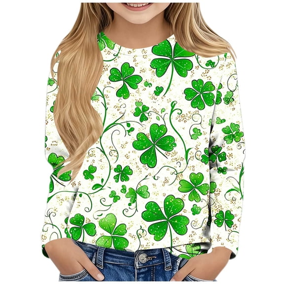 Auroural 5T Girls Clothes 5T Girls Shirts Long Sleeve Children's St. Patrick Print Long Sleeved Round Neck Top Casual Pullover Base Shirt Gray