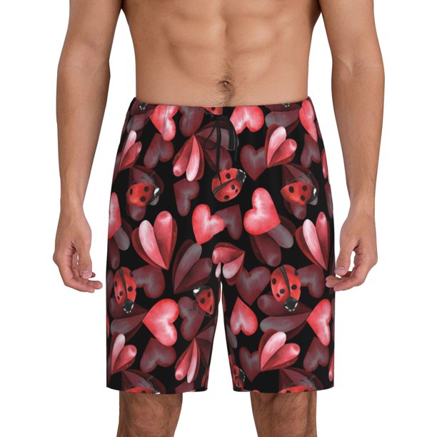 Balery Ladybugs and Red Hearts Pantalones cortos de pijama de punto de algodón para hombre con cinturilla y bolsillos-Small