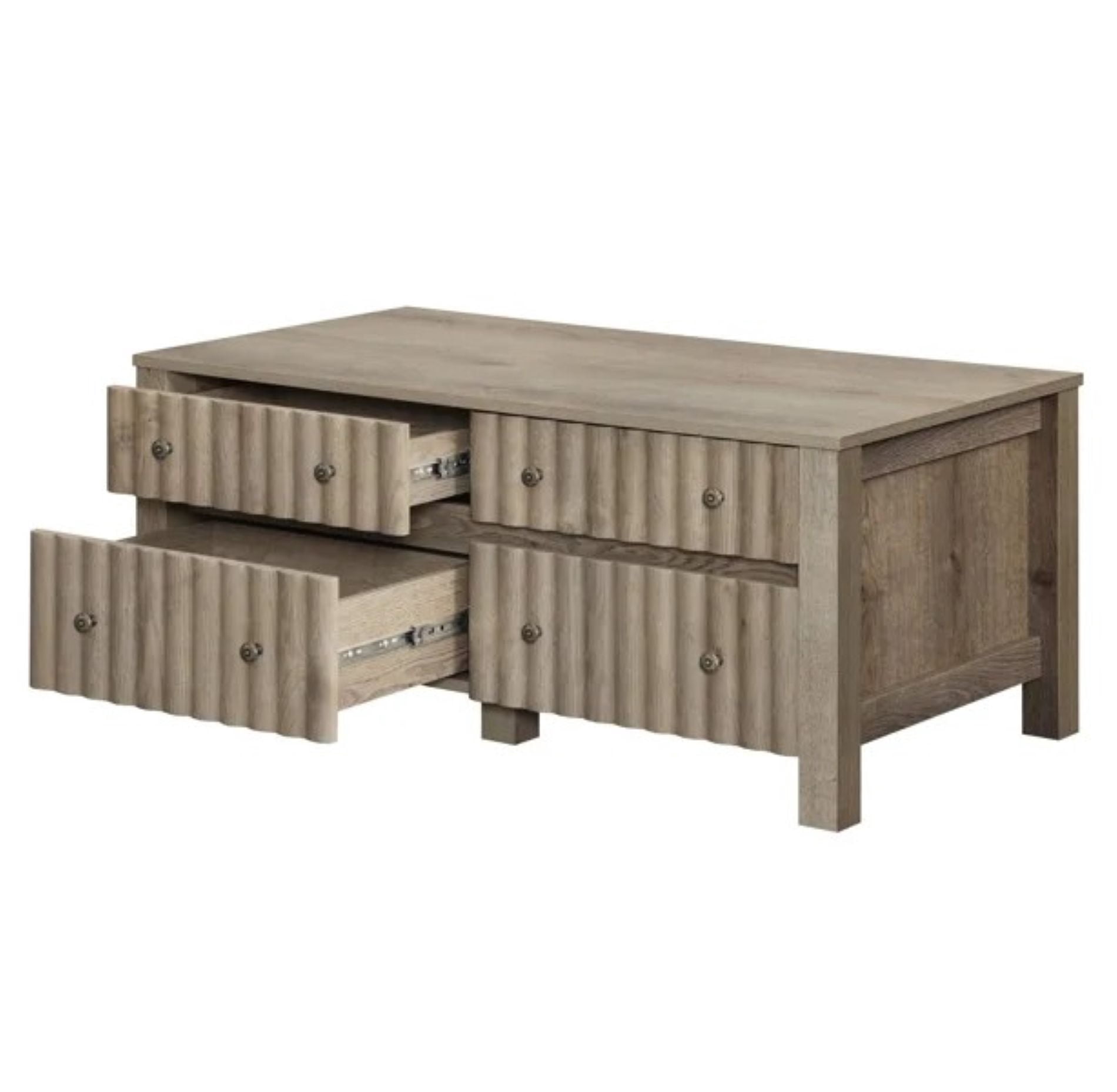 Demiya 4-Drawer Coffee Table, Modern Gray Wooden Center Table with Smooth Slide Rails, Sturdy Thickened Legs and Floor Pads, High Capacity Accent Table for Living Room
