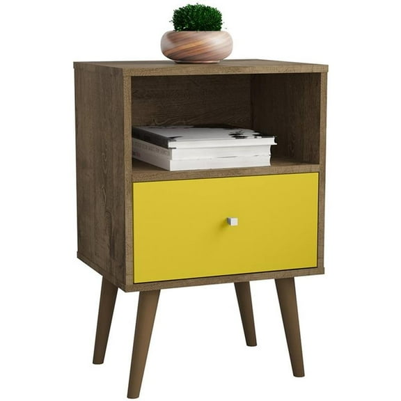 Pemberly Row 1-Drawer Transitional Solid Wood Nightstand in Yellow/Rustic Brown