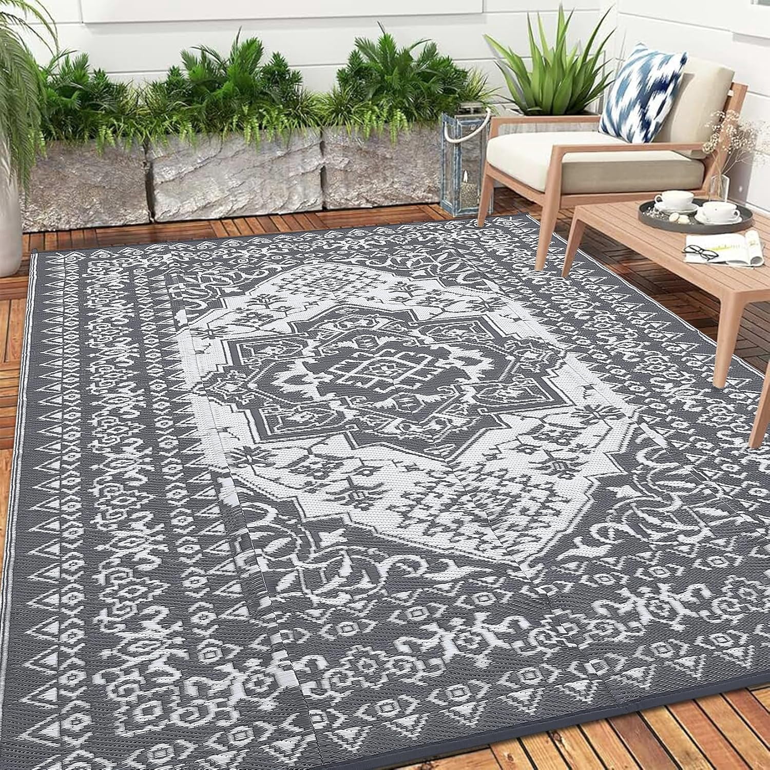 Riedhoff Outdoor Rug 12' X 9', Reversible, Foldable, Gray & White Patterned