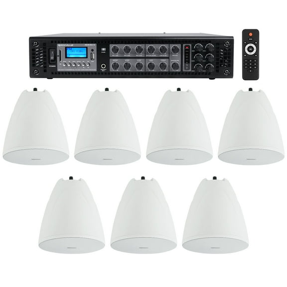 Rockville 6-Zone Commercial Amp 7 White Pendant Speakers For Restaurant/Bar/Cafe